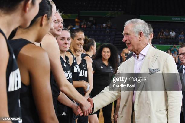 Britain's Prince Charles, Prince Of Wales, greets the New Zealand players following the India V New Zealand women's basketball game at the...