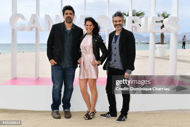 Cesc Gay, Mi Hoa Li and Leonardo Sbaraglia pose during a photocall for the "Felix" serie in competition at the 1st Cannes International Series...