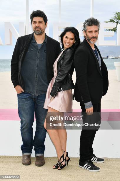 Cesc Gay, Mi Hoa Li and Leonardo Sbaraglia pose during a photocall for the "Felix" serie in competition at the 1st Cannes International Series...