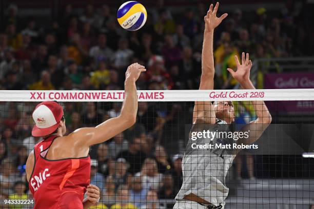 Sam O'Dea of New Zealand competes during the Beach Volleyball Men's Preliminary round against Jake Sheaf and Chris Gregory of England on day four of...