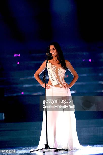 Miss World 2009 Finalist Miss Gibraltar Kaiane Aldorino responds to a question by the panel of judges at Gallagher Convention Centre on December 12,...