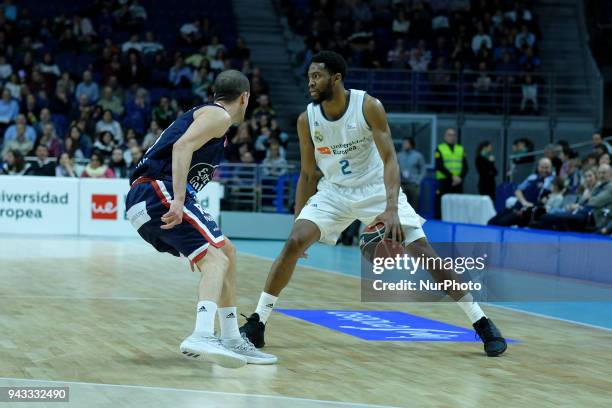 Of Real Madrid in action during Real Madrid vs Monbus Obradoiro Basketball the ACB league match held at the Sports Palace in Madrid, Spain, 08 April...