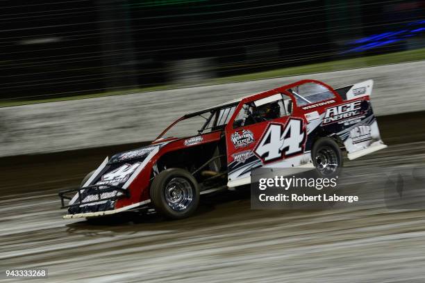 Kale Westover of Blair, OK races in the Limited Modifieds during the Vankor Texas Sprint Car Nationals at Texas Motor Speedway on April 7, 2018 in...