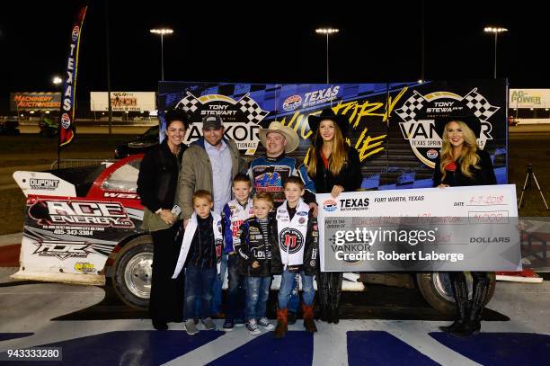 Kale Westover of Blair, OK celebrates in Victory Lane after winning the Limited Modifieds A-Main during the Vankor Texas Sprint Car Nationals at...