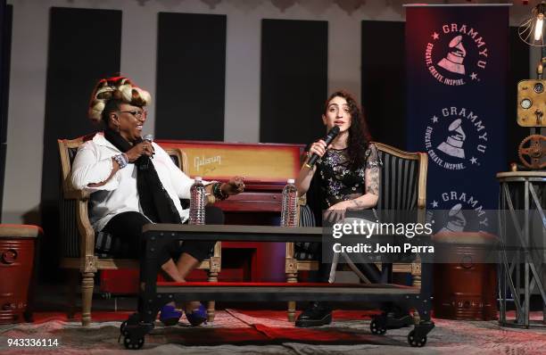 Betty Wright and Emily Estefan attend the GRAMMY U Conference at Gibson Guitar Showroom on April 7, 2018 in Miami, Florida.