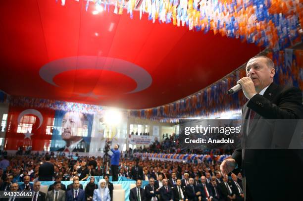 President of Turkey and leader of Turkey's ruling Justice and Development Party Recep Tayyip Erdogan addresses during AK Party's 6th ordinary...