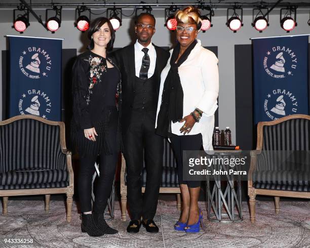 Maria Elisa Ayerbe, Betty Wright and Jon FX attend the GRAMMY U Conference at Gibson Guitar Showroom on April 7, 2018 in Miami, Florida.