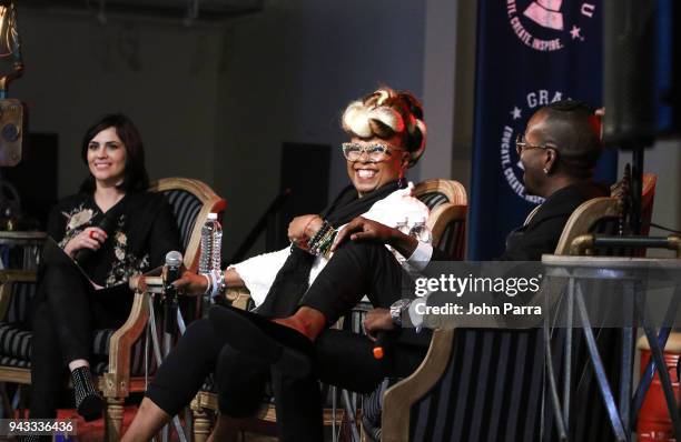 Maria Elisa Ayerbe, Betty Wright and Jon FX attend the GRAMMY U Conference at Gibson Guitar Showroom on April 7, 2018 in Miami, Florida.