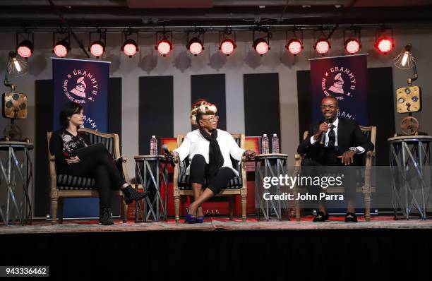 Maria Elisa Ayerbe, Betty Wright and Jon FX attend the GRAMMY U Conference at Gibson Guitar Showroom on April 7, 2018 in Miami, Florida.