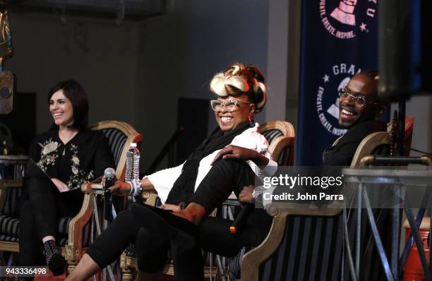 Maria Elisa Ayerbe, Betty Wright and Jon FX attend the GRAMMY U Conference at Gibson Guitar Showroom on April 7, 2018 in Miami, Florida.