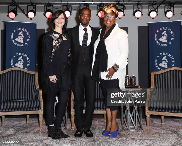 Maria Elisa Ayerbe, Betty Wright and Jon FX attend the GRAMMY U Conference at Gibson Guitar Showroom on April 7, 2018 in Miami, Florida.