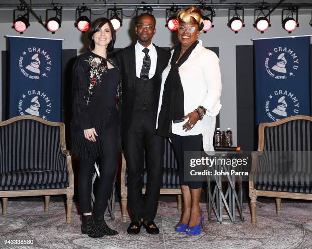 Maria Elisa Ayerbe, Betty Wright and Jon FX attend the GRAMMY U Conference at Gibson Guitar Showroom on April 7, 2018 in Miami, Florida.