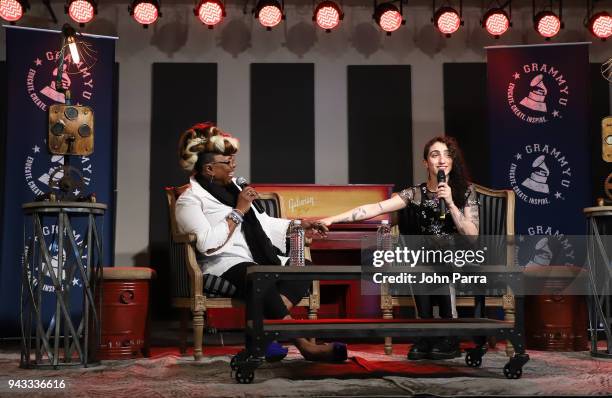 Betty Wright and Emily Estefan attend the GRAMMY U Conference at Gibson Guitar Showroom on April 7, 2018 in Miami, Florida.