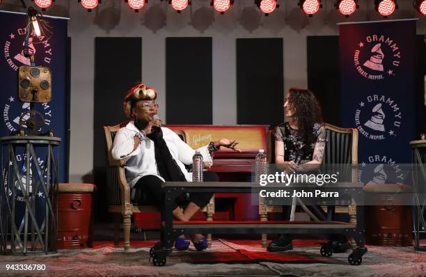 Betty Wright and Emily Estefan attend the GRAMMY U Conference at Gibson Guitar Showroom on April 7, 2018 in Miami, Florida.