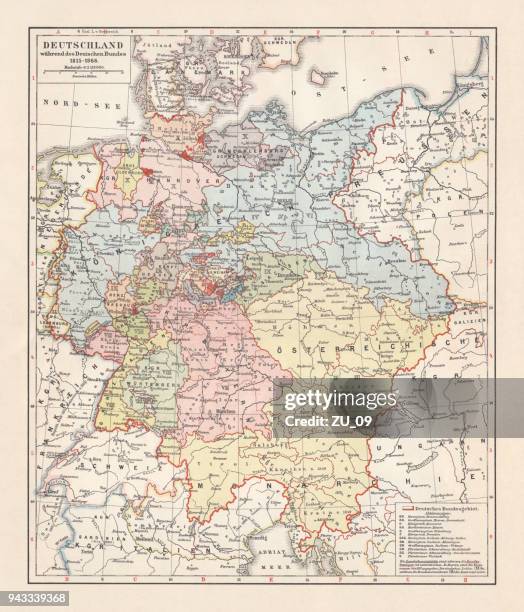 ilustrações, clipart, desenhos animados e ícones de mapa da confederação germânica (1815-1866), litografia, publicado em 1897 - sachsen