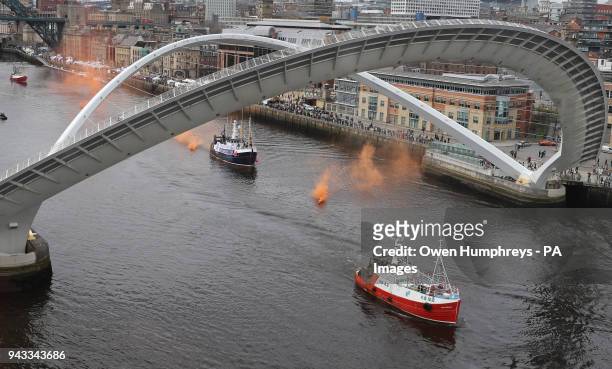 Flotilla of fishing boats by the Gateshead Millennium Bridge in Newcastle, in a protest, organised by Campaign for an Independent Britain and Fishing...