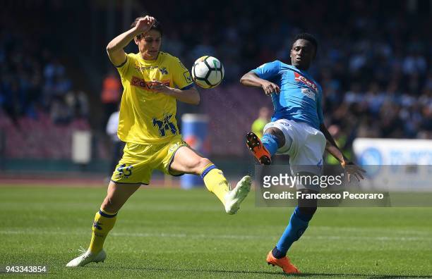 Amadou Diawara of SSC Napoli vies with Roberto Inglese of AC Chievo Verona during the serie A match between SSC Napoli and AC Chievo Verona at Stadio...