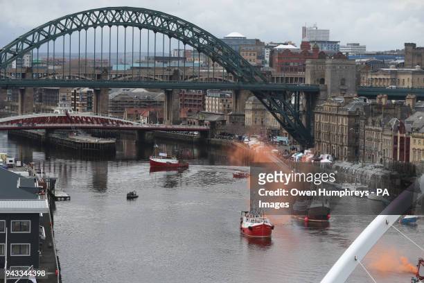 Flotilla of fishing boats by the Gateshead Millennium Bridge in Newcastle, in a protest, organised by Campaign for an Independent Britain and Fishing...