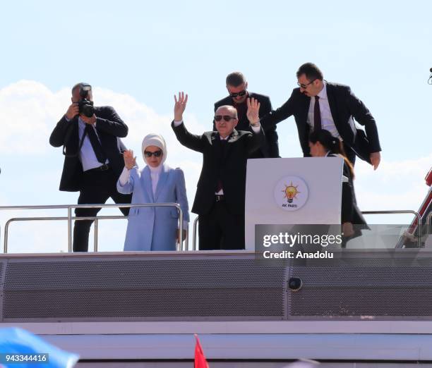 President of Turkey and leader of Turkey's ruling Justice and Development Party Recep Tayyip Erdogan greets the crowd with his wife Emine Erdogan...