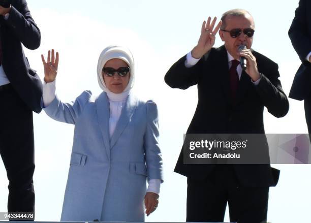 President of Turkey and leader of Turkey's ruling Justice and Development Party Recep Tayyip Erdogan addresses the crowd with his wife Emine Erdogan...