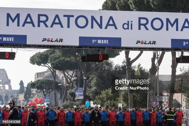 Athetes start at the XXIV edition of the Rome Marathon, on April 8, 2018 in Rome, Italy