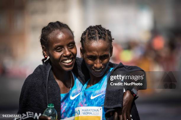 Rahma Tusa from Ethiopia celebrates after winning the 24th edition of Rome Marathon, the XXIV edition of the Rome Marathon, on April 8, 2018 in Rome,...