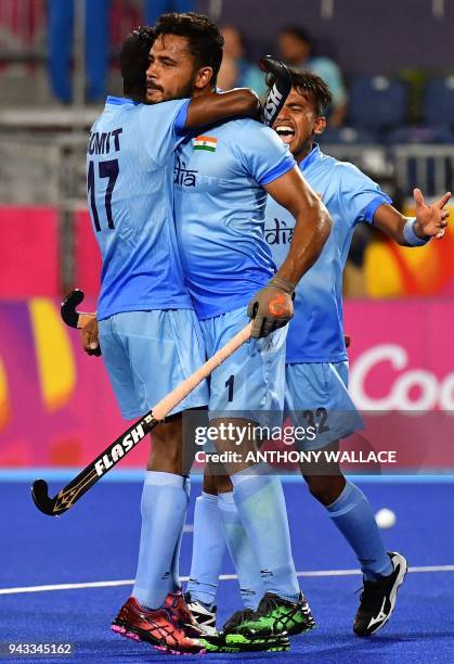 Harmanpreet Singh of India celebrates scoring a goal during the men's field hockey match between India and Wales at the 2018 Gold Coast Commonwealth...