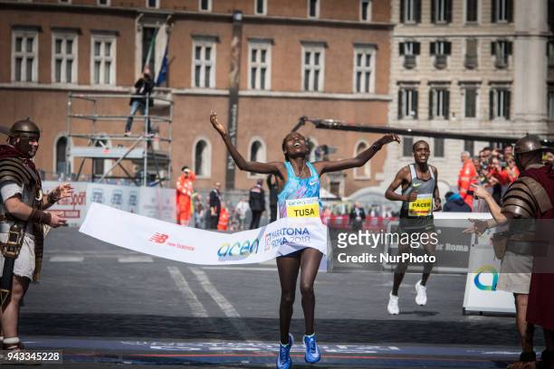 Ethiopian runner Rahma Tusa Chota crosses the finish line as she wins the 24th editions of the Rome City Marathonthe XXIV edition of the Rome...