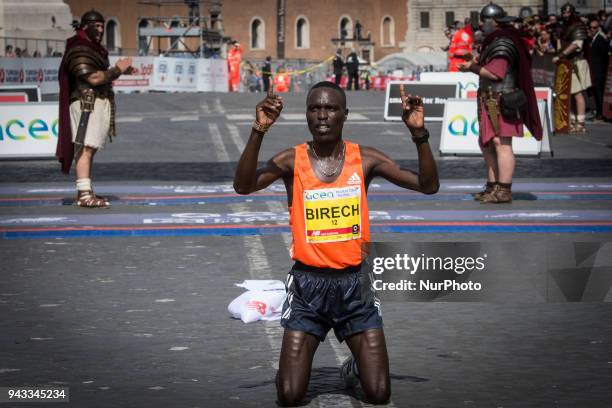 Kenya's Jairus Kipchoge Birech celebrates after winning the 24th edition of the Rome City Marathon the XXIV edition of the Rome Marathon, on April 8,...