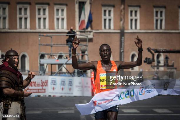 Kenya's Jairus Kipchoge Birech celebrates after winning the 24th edition of the Rome City Marathon the XXIV edition of the Rome Marathon, on April 8,...