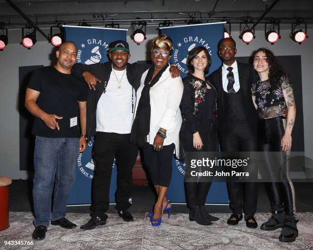 Mack Maine, Betty Wright, Maria Elisa Ayerbe, Jon FX and Emily Estefan attend the GRAMMY U Conference at Gibson Guitar Showroom on April 7, 2018 in...