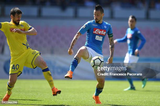 Marek Hamsik of SSC Napoli vies with Nenad Tomovic of AC Chievo Verona during the serie A match between SSC Napoli and AC Chievo Verona at Stadio San...