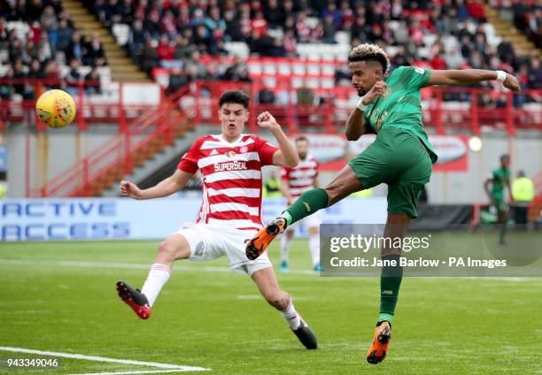 Hamilton's Shaun Want looks on as Celtic's Scott Sinclair takes a shot on goal during the Ladbrokes Scottish Premiership match at the SuperSeal...