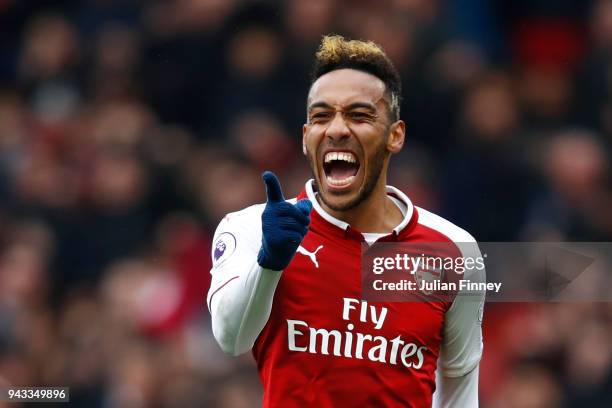 Pierre-Emerick Aubameyang of Arsenal celebrates scoring his sides first goal during the Premier League match between Arsenal and Southampton at...