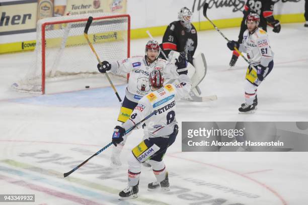 Frank Hoerdler of Eisbaeren celebrates scoring the fist team goal during the DEL Playoff semifinal match 6 between Thomas Sabo Ice Tigers Nuernberg...