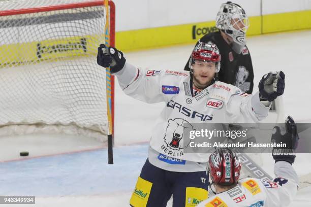 Frank Hoerdler of Eisbaeren celebrates scoring the fist team goal during the DEL Playoff semifinal match 6 between Thomas Sabo Ice Tigers Nuernberg...