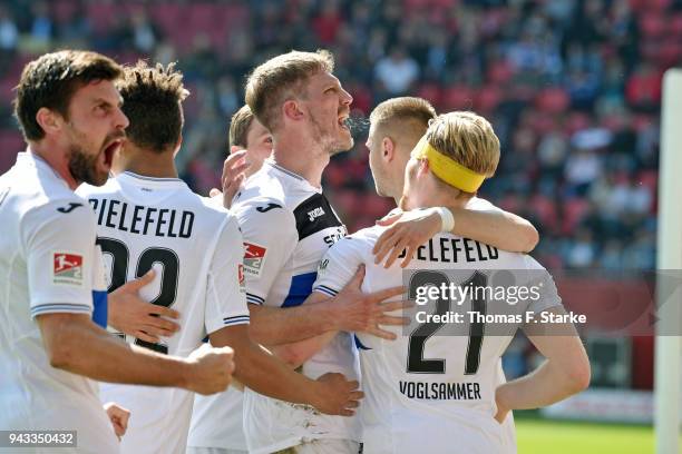 Florian Dick, Roberto Massimo, Tom Schuetz, Fabian Klos, Florian Hartherz and Andreas Voglsammer of Bielefeld celebrate during the Second Bundesliga...