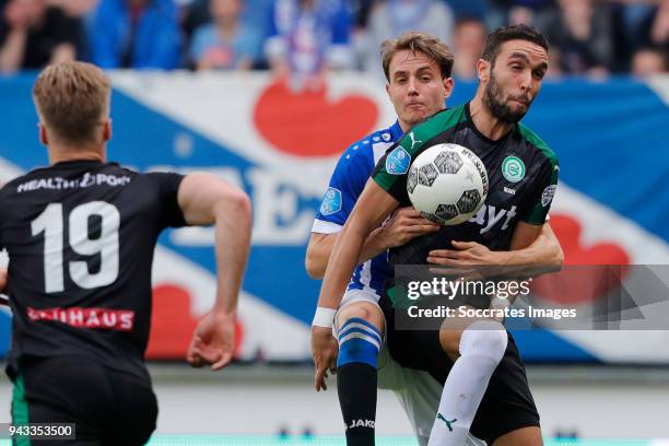 Daniel Hoegh of SC Heerenveen, Mimoun Mahi of FC Groningen during the Dutch Eredivisie match between SC Heerenveen v FC Groningen at the Abe Lenstra...