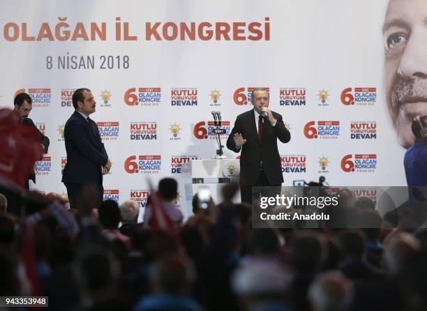 President of Turkey and leader of Turkey's ruling Justice and Development Party Recep Tayyip Erdogan addresses the crowd during AK Party's 6th...
