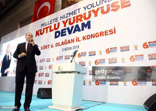 President of Turkey and leader of Turkey's ruling Justice and Development Party Recep Tayyip Erdogan addresses the crowd during AK Party's 6th...