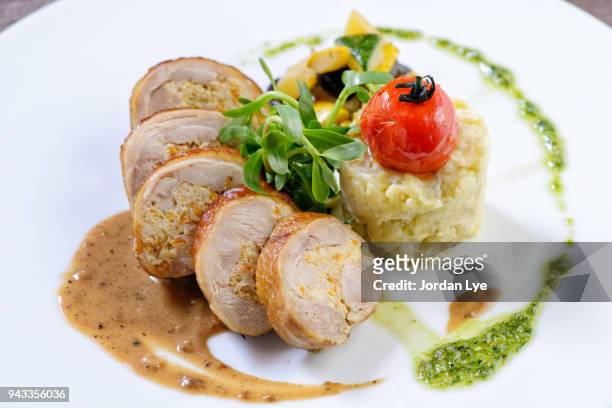 delicious chicken rolls - cooked turkey white plate imagens e fotografias de stock
