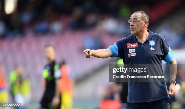 Coach of SSC Napoli Maurizio Sarri gestures during the serie A match between SSC Napoli and AC Chievo Verona at Stadio San Paolo on April 8, 2018 in...