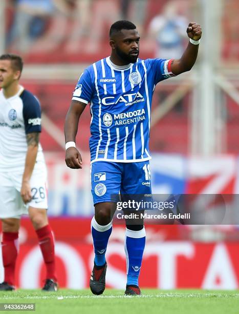 Santiago Garcia of Godoy Cruz celebrates after scoring the third goal of his team during a match between San Lorenzo and Godoy Cruz as part of...