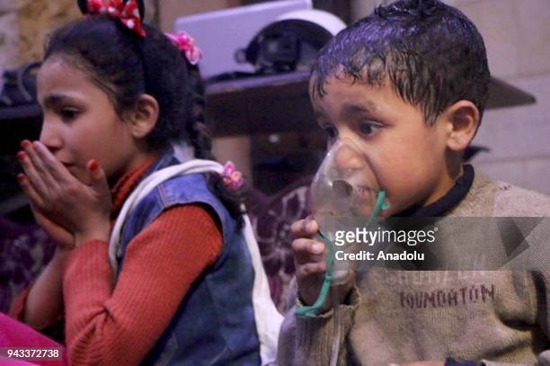 Affected Syrian kids receive medical treatment after Assad regime forces allegedly conducted poisonous gas attack to Douma town of Eastern Ghouta in...