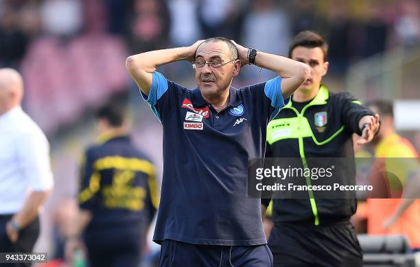 Coach of SSC Napoli Maurizio Sarri gestures during the serie A match between SSC Napoli and AC Chievo Verona at Stadio San Paolo on April 8, 2018 in...