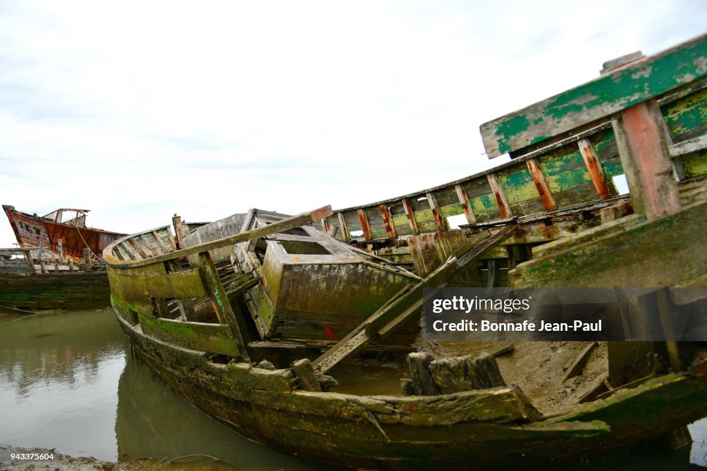 Close-up on the remains of wooden boats