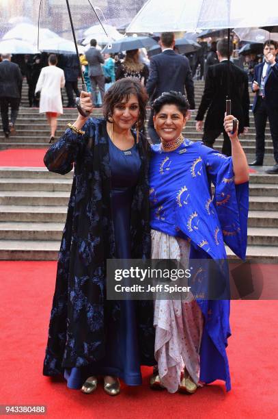 Meera Syal and Anjum Mouj attend The Olivier Awards with Mastercard at Royal Albert Hall on April 8, 2018 in London, England.