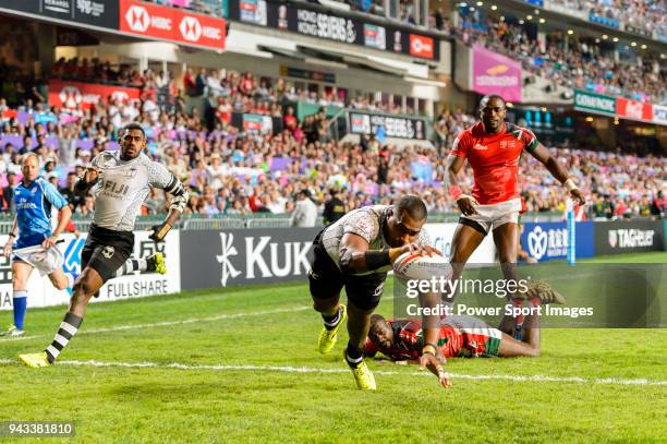 Josua Vakurunabili of Fiji scores during the HSBC Hong Kong Sevens 2018 match between Fiji and Kenya on April 8, 2018 in Hong Kong, Hong Kong.