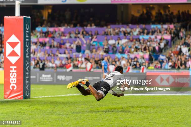 Amenoni Nasilasila of Fiji jumps while scores a goal during the HSBC Hong Kong Sevens 2018 match between Fiji and Kenya on April 8, 2018 in Hong...