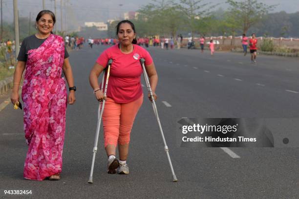 Women participate in the Pinkathon at Kharghar Central Park, on April 7, 2018 in Navi Mumbai, India. Kharghar's Central Park turned pink early on...